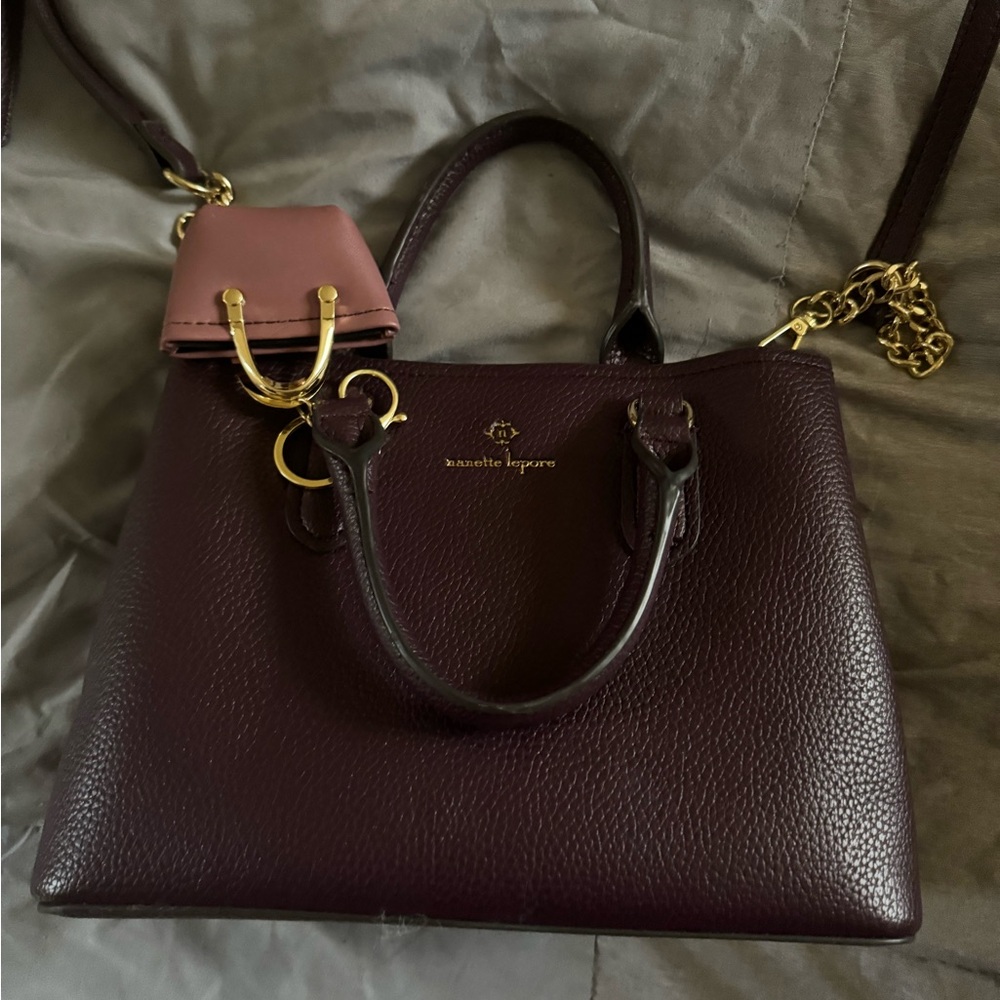 Nanette Lepore Burgundy Leather Tote with Gold Accents